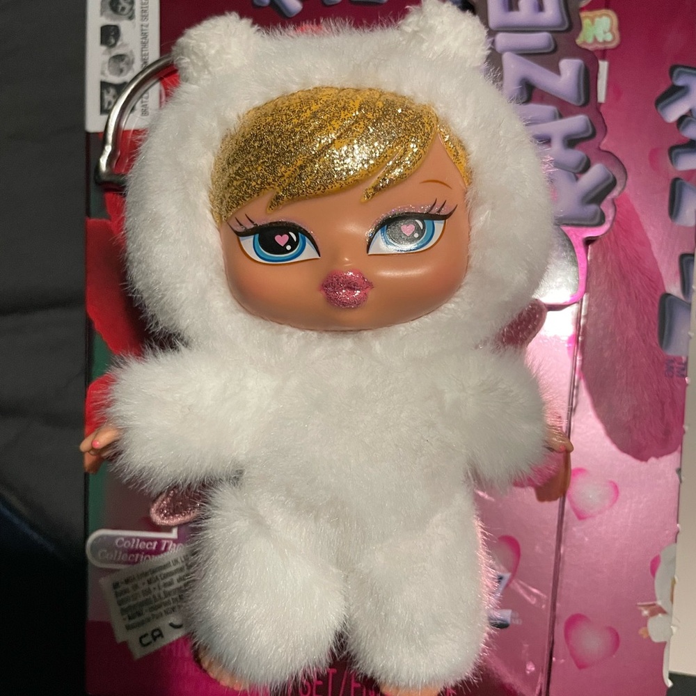 Bratziez Glitter Hair Doll Keychain in White Furry Outfit